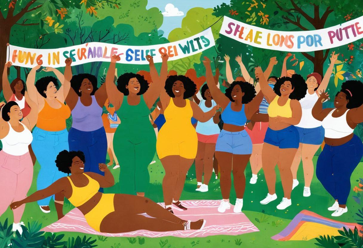 An inspiring scene showcasing a diverse group of individuals celebrating body positivity in a colorful park setting, with banners representing various sexualities. Lush greenery surrounds them, and they are all engaged in activities that symbolize self-acceptance, such as painting self-portraits, dancing, and laughing together. The atmosphere is uplifting and joyful, promoting inclusiveness and acceptance. vibrant colors. illustration.