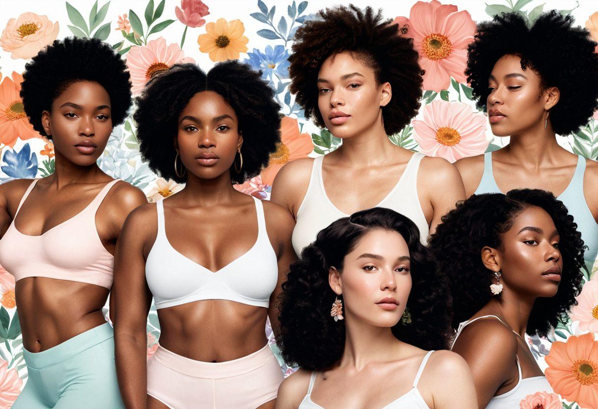 A powerful close-up of diverse female bodies in various poses, showcasing different skin tones and body shapes, surrounded by blooming flowers symbolizing growth and self-love. Incorporate soft pastel colors to highlight a sense of serenity and empowerment. Include delicate text overlays of empowering quotes about body positivity. super-realistic. vibrant colors. white background.