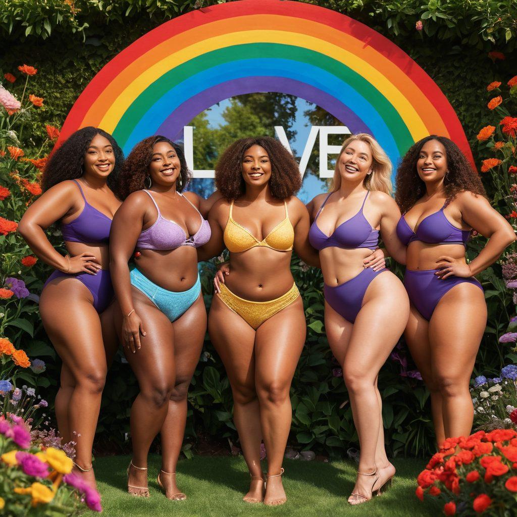 A diverse group of confident individuals embracing their unique body shapes in a colorful outdoor setting, each person radiating joy and self-acceptance. The background features a rainbow of flowers symbolizing growth, with motivational words like 'love' and 'acceptance' artistically integrated into the scene. Incorporate soft lighting that creates a warm and inviting atmosphere. vibrant colors. super-realistic.
